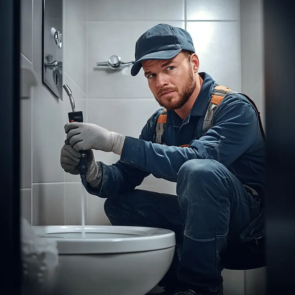 Der Klempner von Rohrreinigung Pirna beseitigt die Verstopfung der Rohre der Toilettenschüssel